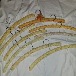 Lot Of 9 Vintage Handmade Crocheted / Knitted Wooden Hangers Yellow Colors
